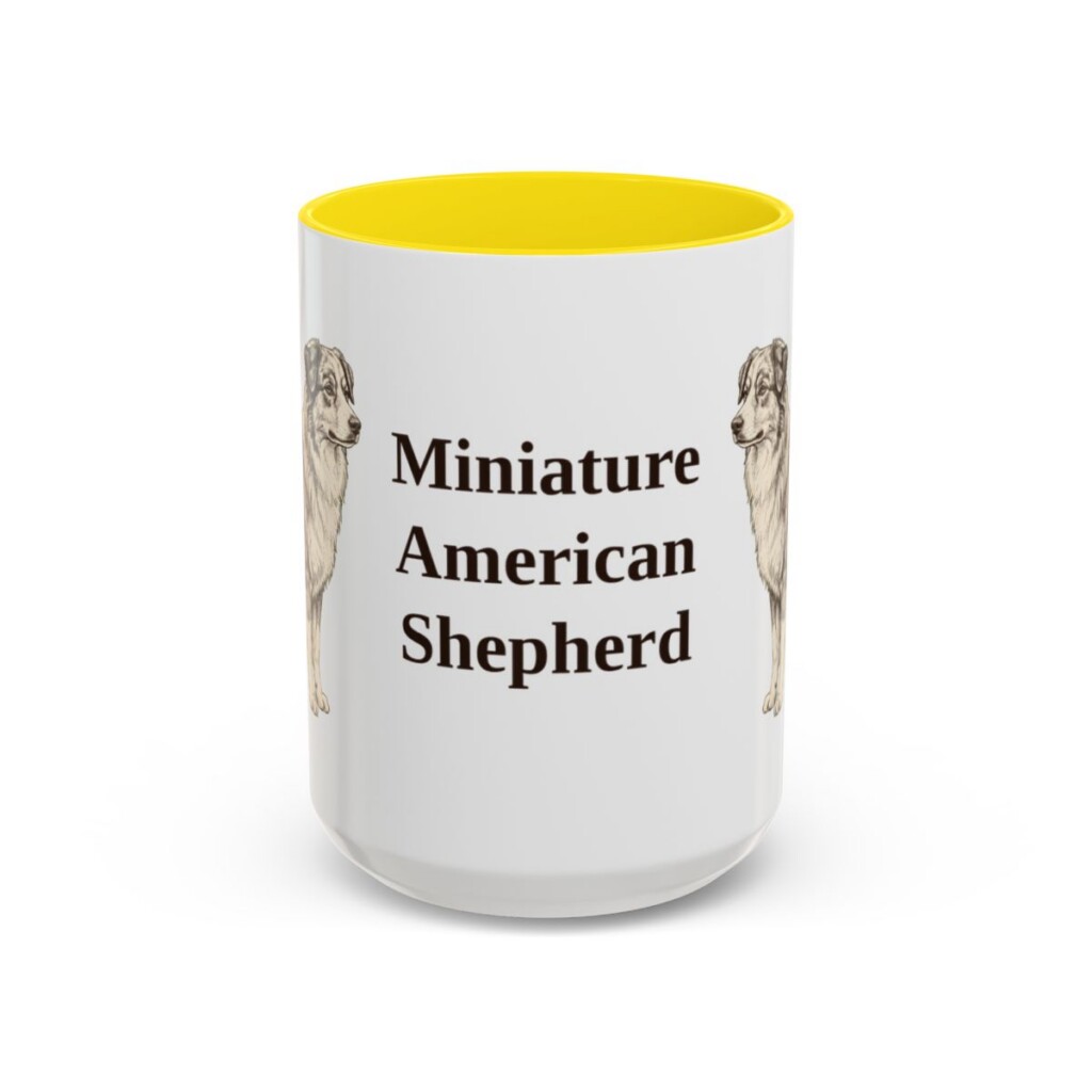 15oz Miniature American Shepherd Mug, Yellow, front view