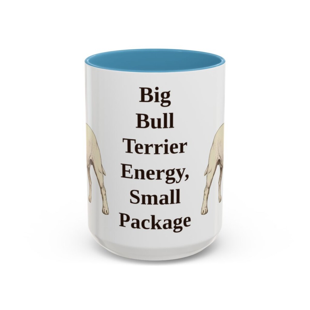 15oz Funny Miniature Bull Terrier Mug, Light Blue, front view