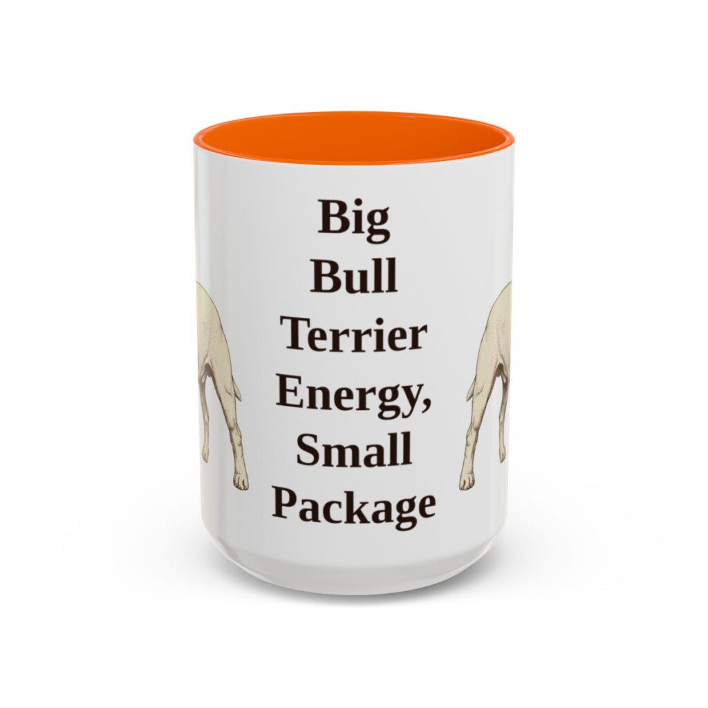 15oz Funny Miniature Bull Terrier Mug, Orange, front view