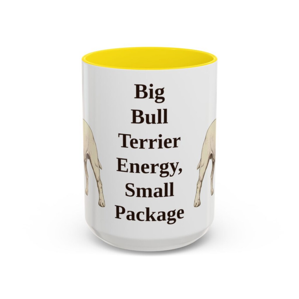 15oz Funny Miniature Bull Terrier Mug, Yellow, front view