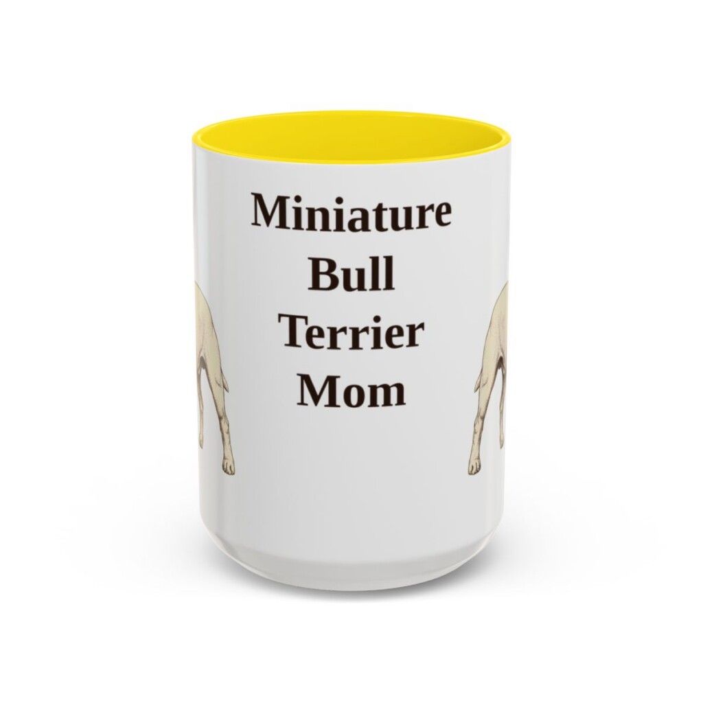 15oz-miniature-bull-terrier-mug-mom-yellow 15oz Miniature Bull Terrier Dog Mom Mug, Yellow, front view