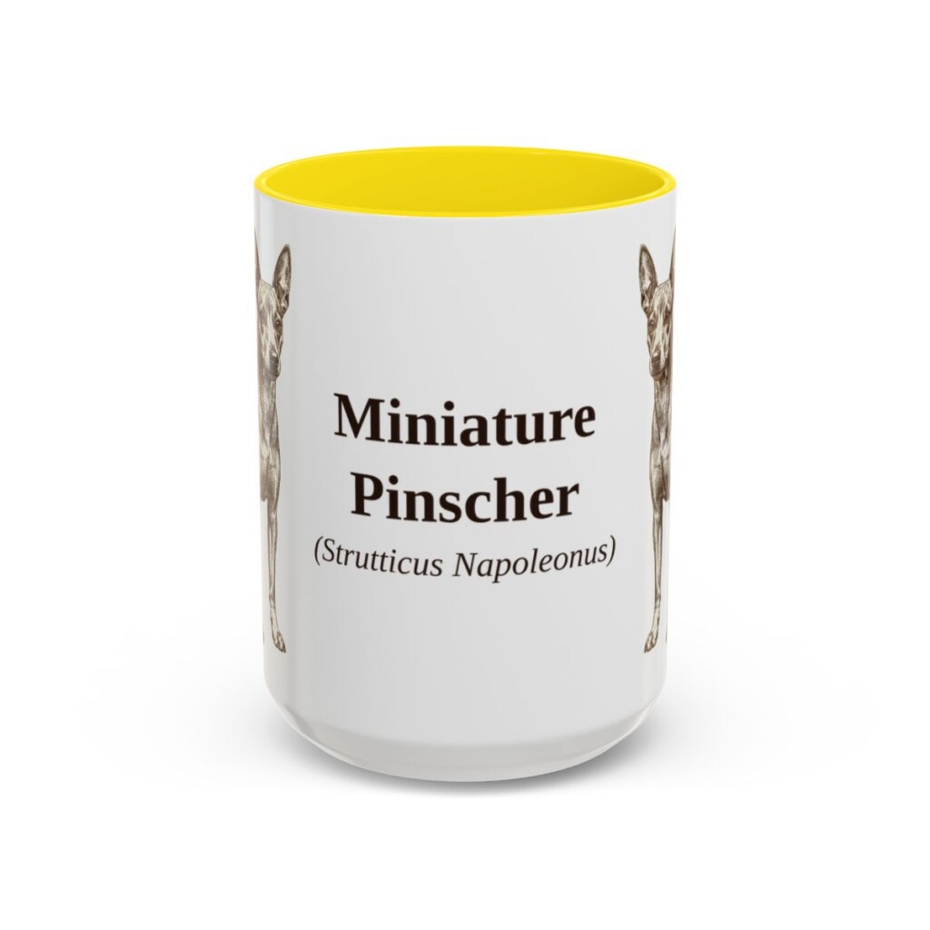 15oz Miniature Pinscher Latin Mug, Yellow, front view