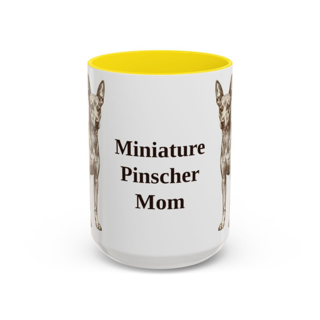 15oz Miniature Pinscher Dog Mom Mug, Yellow, front view