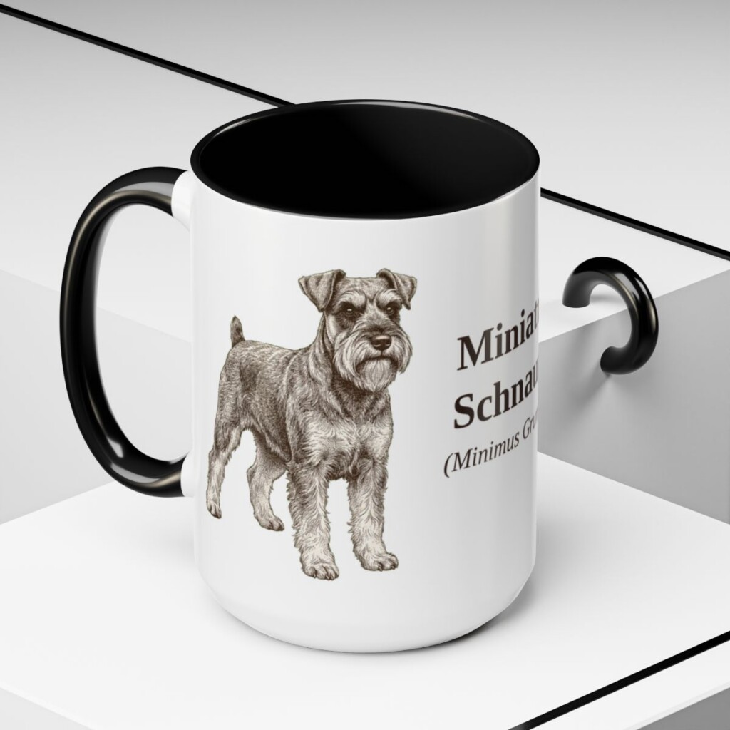 15oz-miniature-schnauzer-mug-latin-black-context-2 15oz Miniature Schnauzer Latin Mug, Black, lifestyle photo