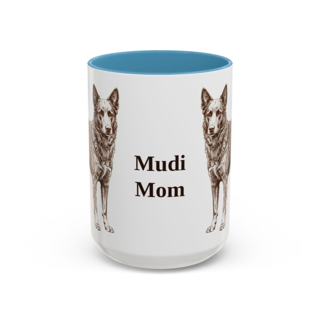 15oz Mudi Dog Mom Mug, Light Blue, front view