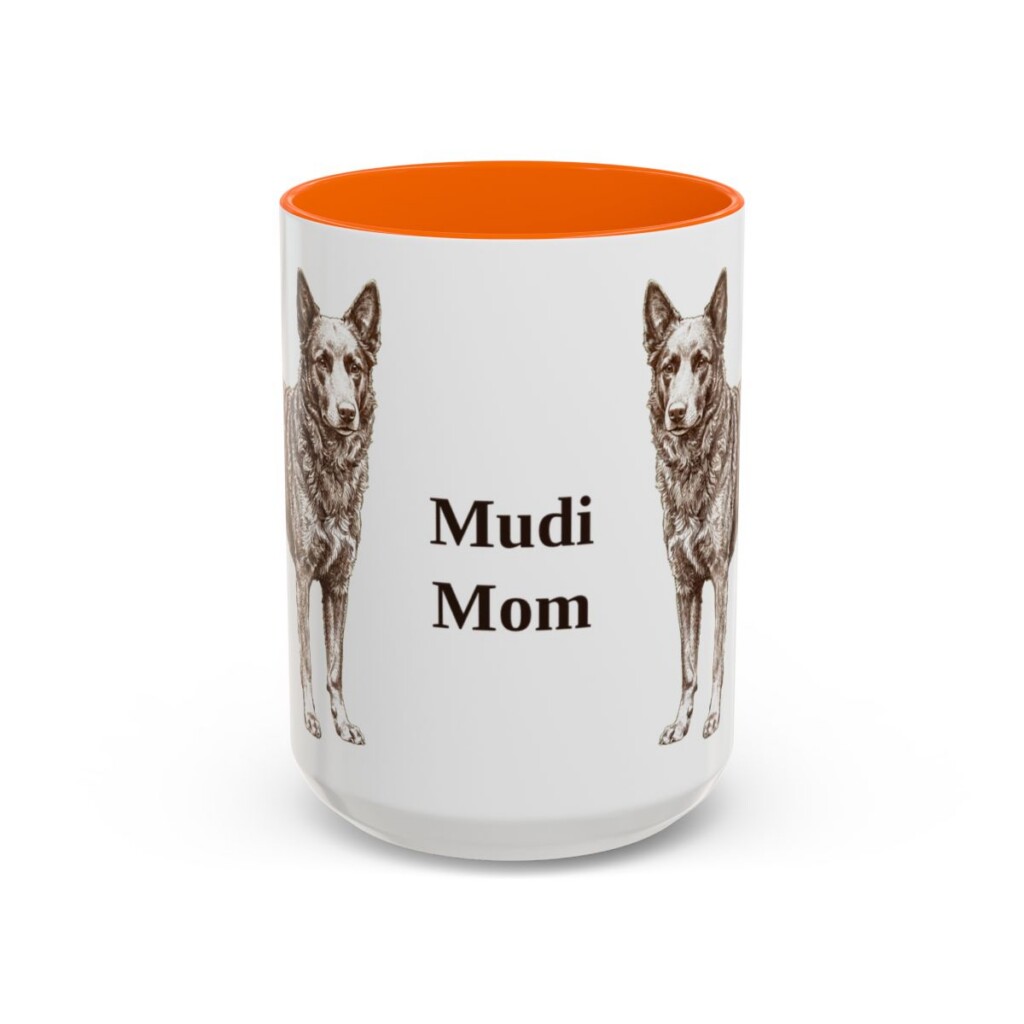 15oz Mudi Dog Mom Mug, Orange, front view