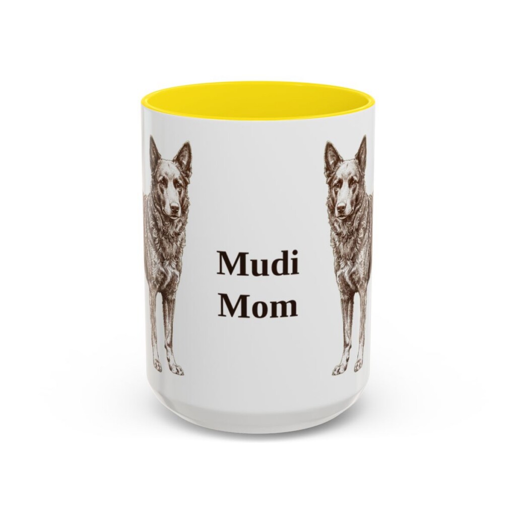 15oz Mudi Dog Mom Mug, Yellow, front view