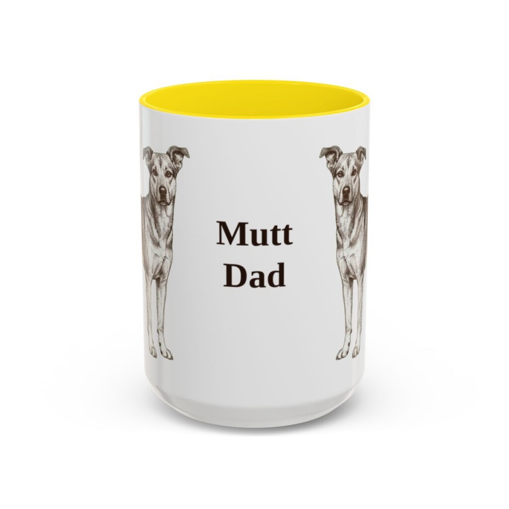 15oz Mutt Dog Dad Mug, Yellow, front view
