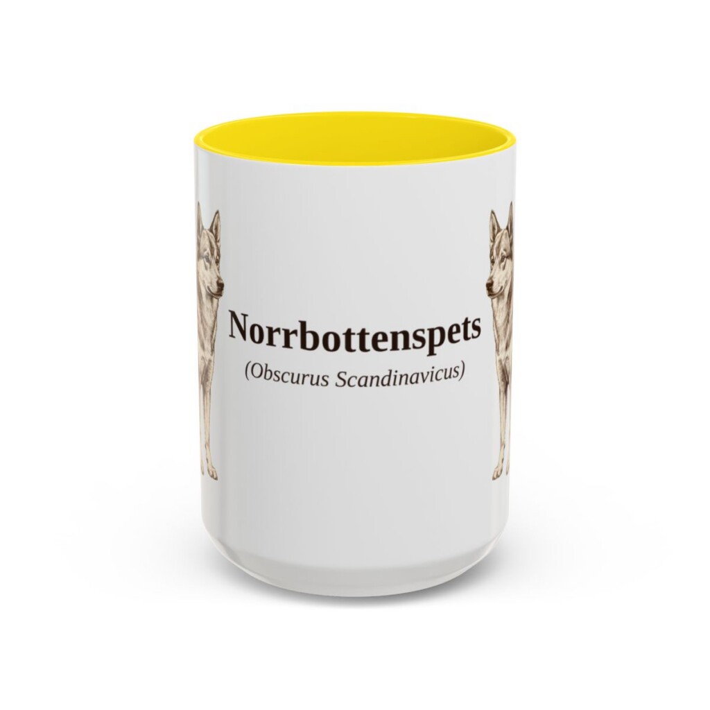 15oz Norrbottenspets Latin Mug, Yellow, front view