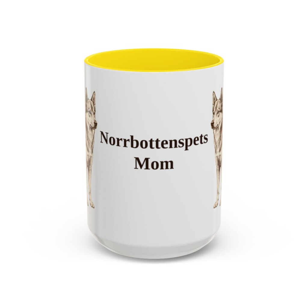 15oz Norrbottenspets Dog Mom Mug, Yellow, front view