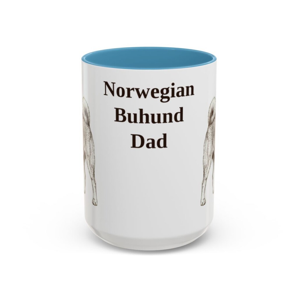 15oz Norwegian Buhund Dog Dad Mug, Light Blue, front view