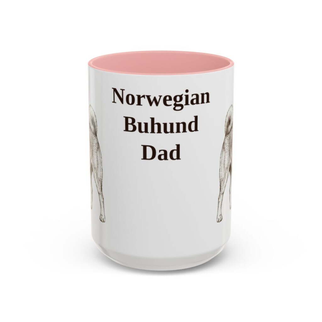 15oz Norwegian Buhund Dog Dad Mug, Pink, front view
