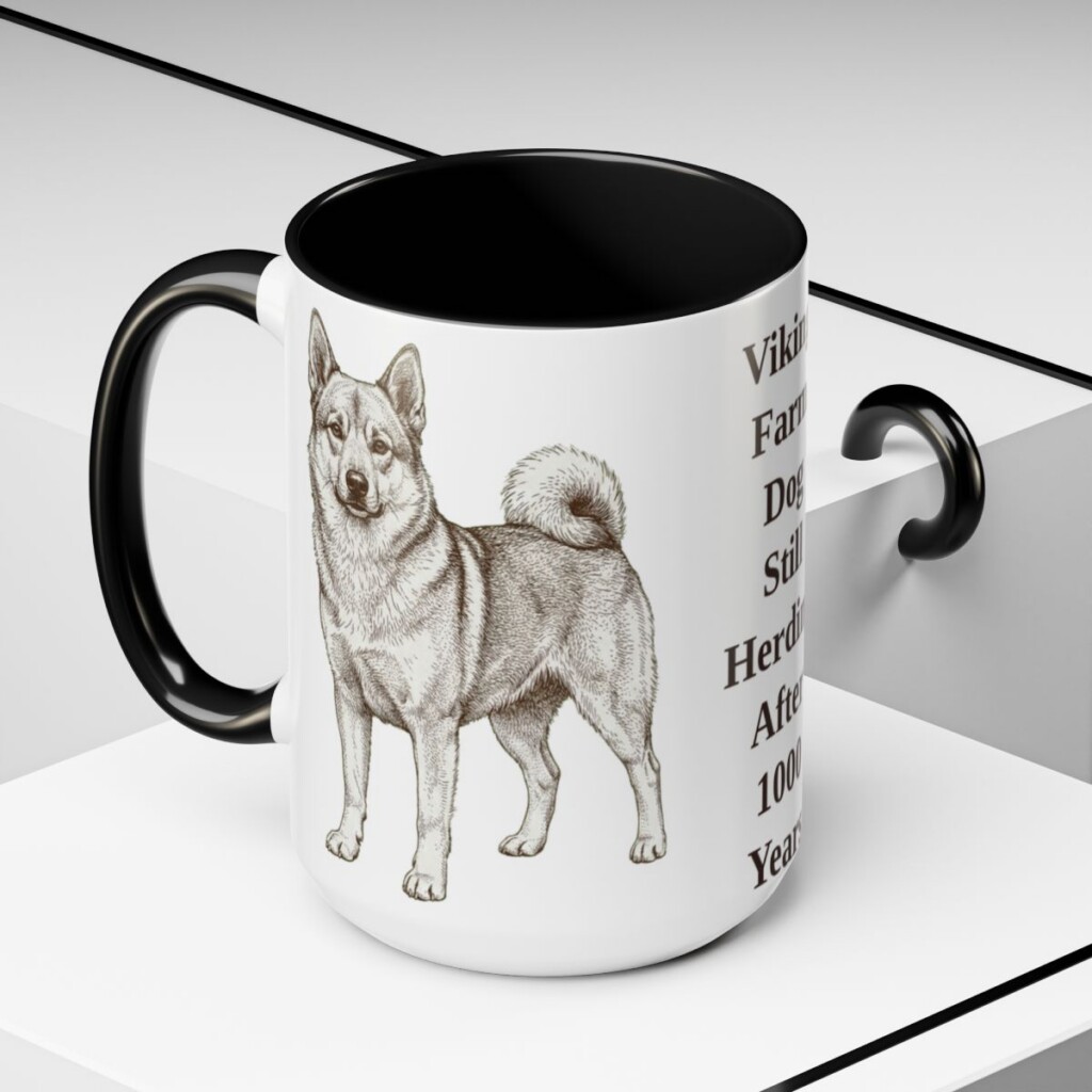 15oz Funny Norwegian Buhund Mug, Black, lifestyle photo