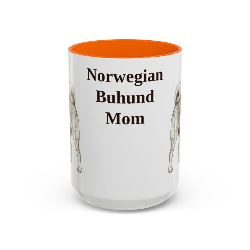 15oz Norwegian Buhund Dog Mom Mug, Orange, front view