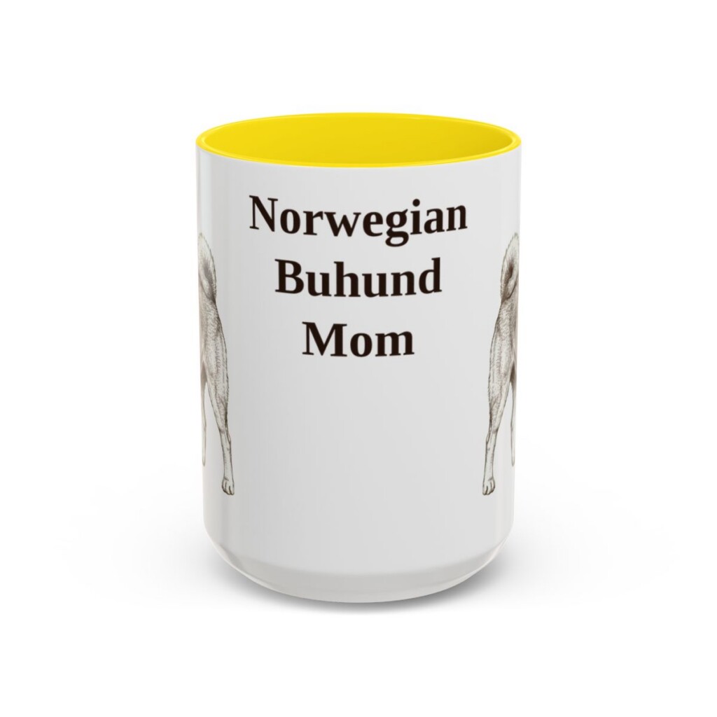 15oz Norwegian Buhund Dog Mom Mug, Yellow, front view