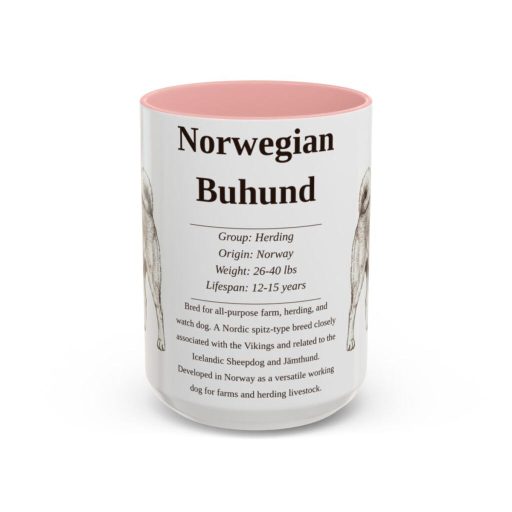 15oz Norwegian Buhund Mug, Pink, front view