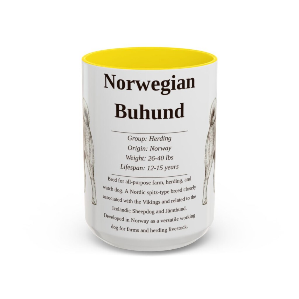 15oz Norwegian Buhund Mug, Yellow, front view