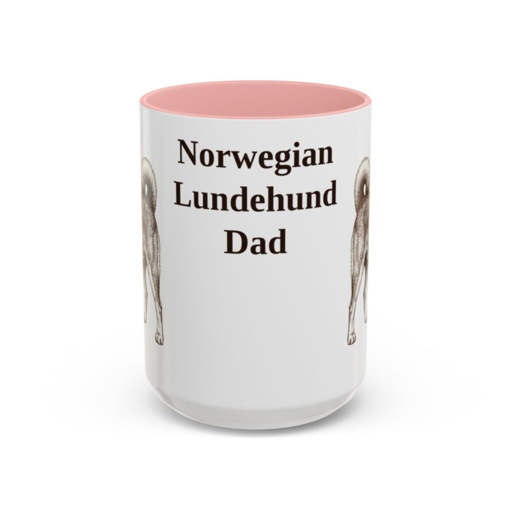 15oz-norwegian-lundehund-mug-dad-pink 15oz Norwegian Lundehund Dog Dad Mug, Pink, front view