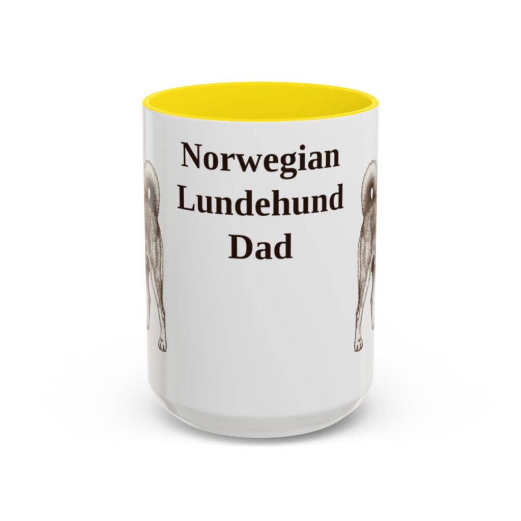 15oz-norwegian-lundehund-mug-dad-yellow 15oz Norwegian Lundehund Dog Dad Mug, Yellow, front view