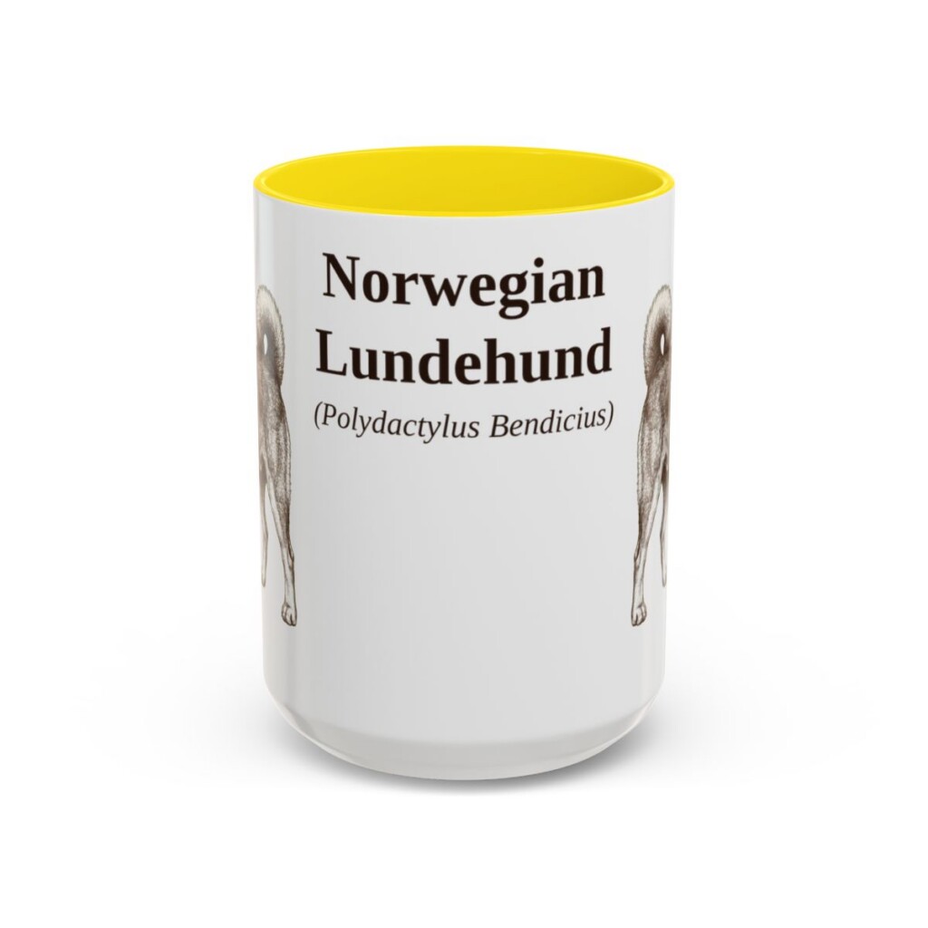 15oz Norwegian Lundehund Latin Mug, Yellow, front view