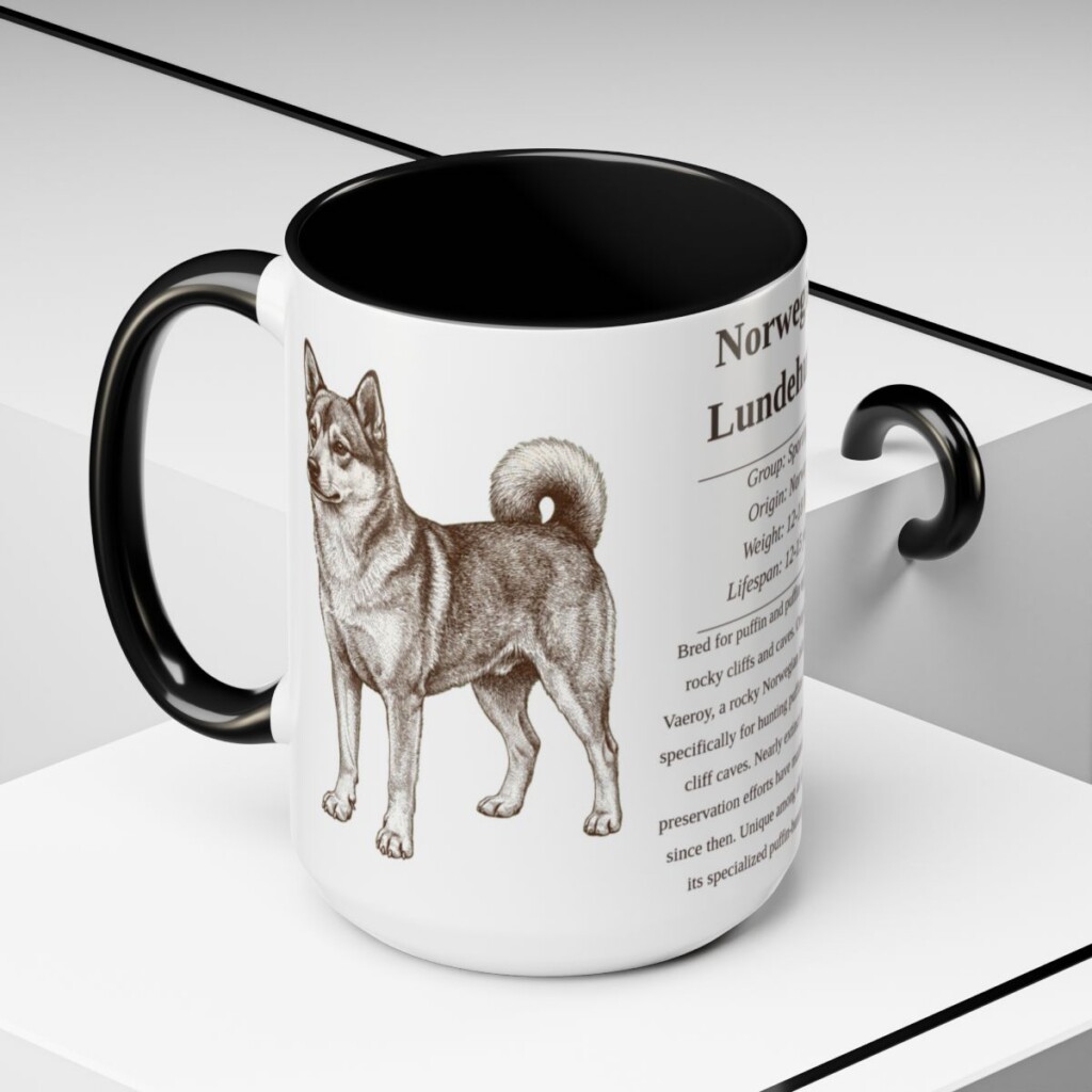 15oz-norwegian-lundehund-mug-writeup-black-context-2 15oz Norwegian Lundehund Mug, Black, lifestyle photo