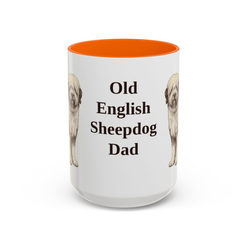 15oz Old English Sheepdog Dog Dad Mug, Orange, front view