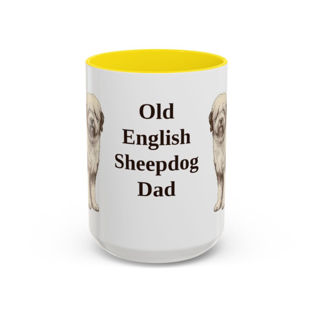 15oz Old English Sheepdog Dog Dad Mug, Yellow, front view