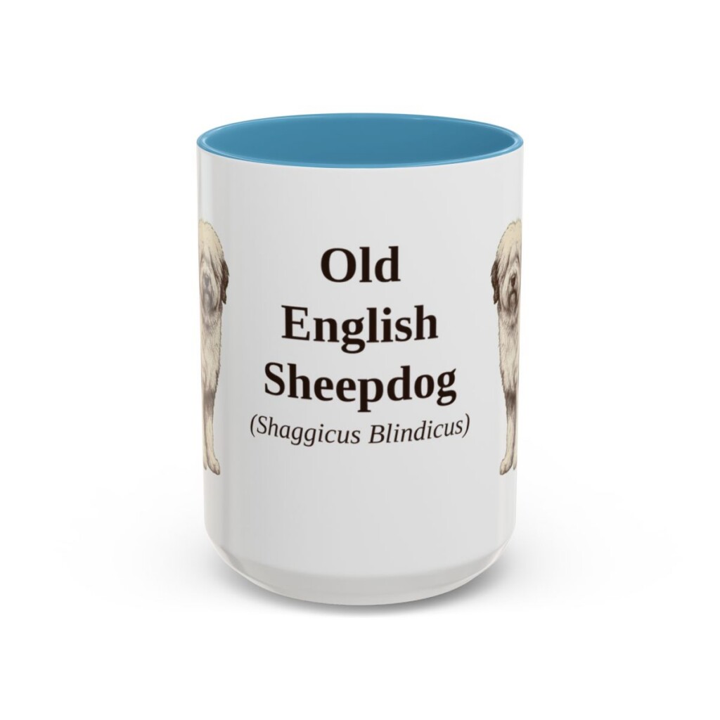 15oz Old English Sheepdog Latin Mug, Light Blue, front view