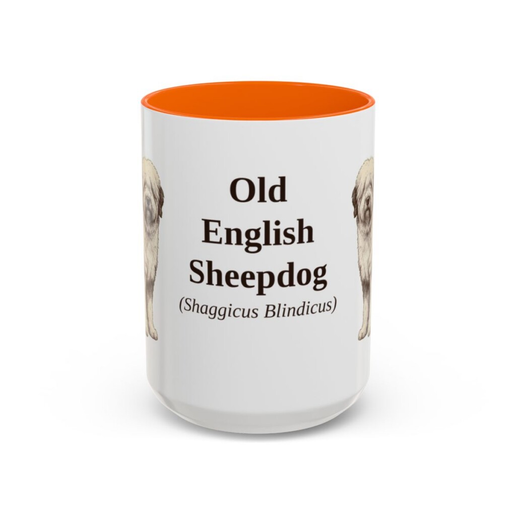 15oz Old English Sheepdog Latin Mug, Orange, front view