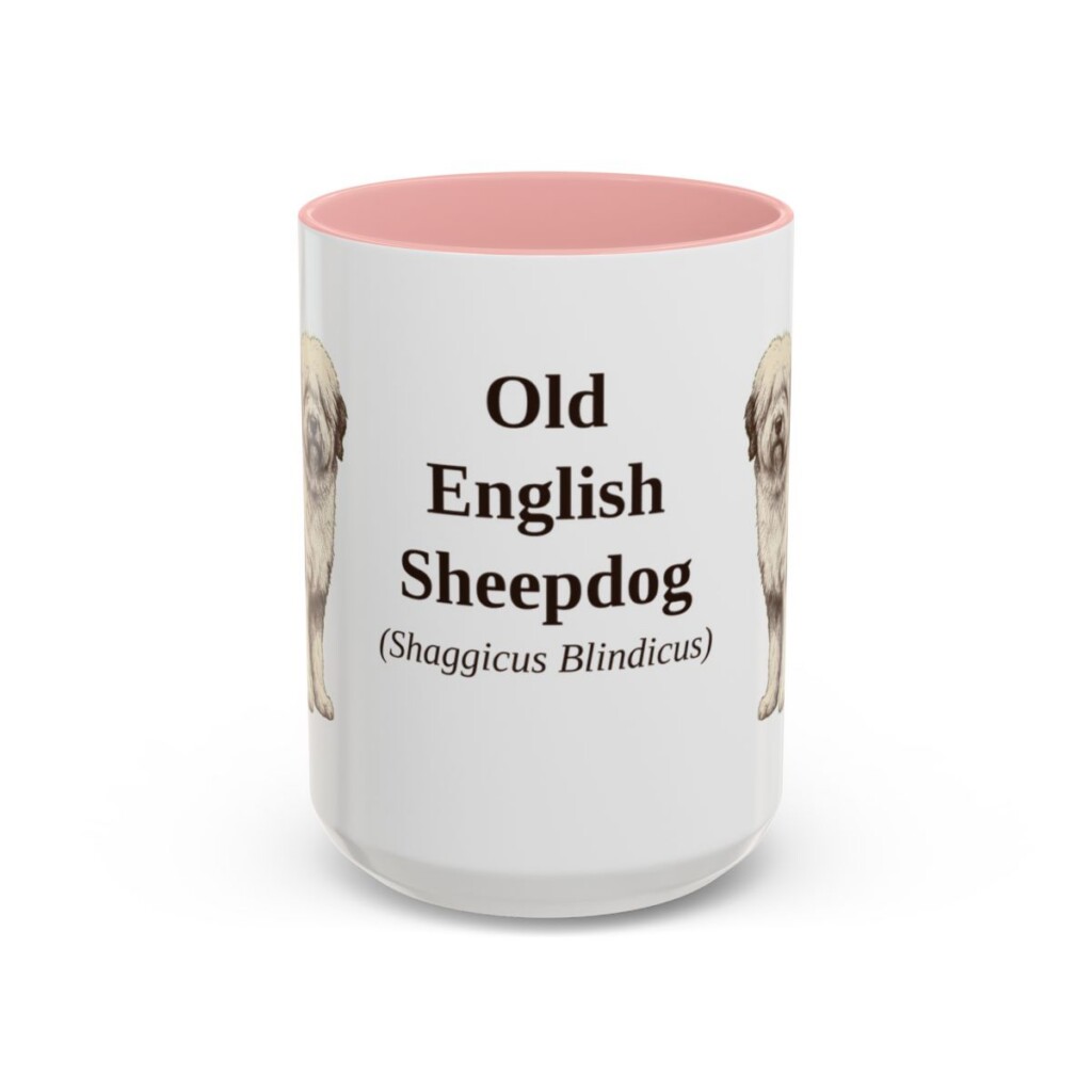 15oz Old English Sheepdog Latin Mug, Pink, front view