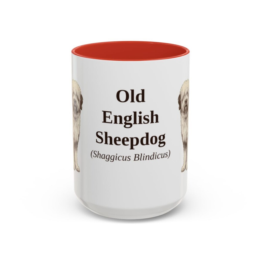 15oz Old English Sheepdog Latin Mug, Red, front view