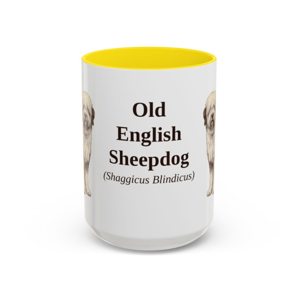 15oz Old English Sheepdog Latin Mug, Yellow, front view