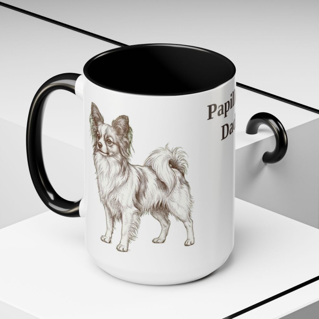 15oz Papillon Dog Dad Mug, Black, lifestyle photo