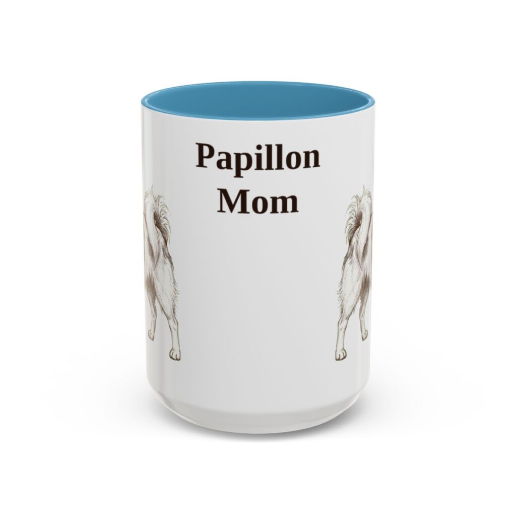 15oz Papillon Dog Mom Mug, Light Blue, front view