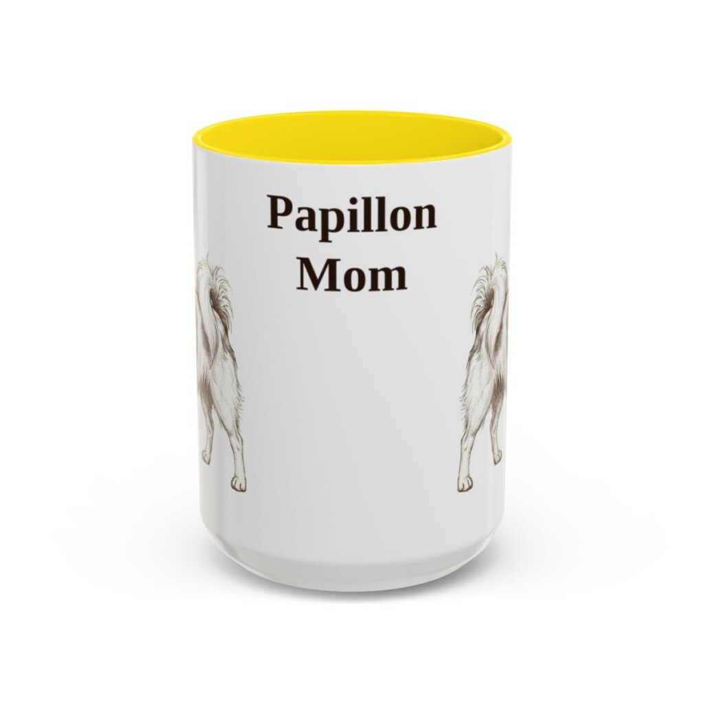 15oz Papillon Dog Mom Mug, Yellow, front view