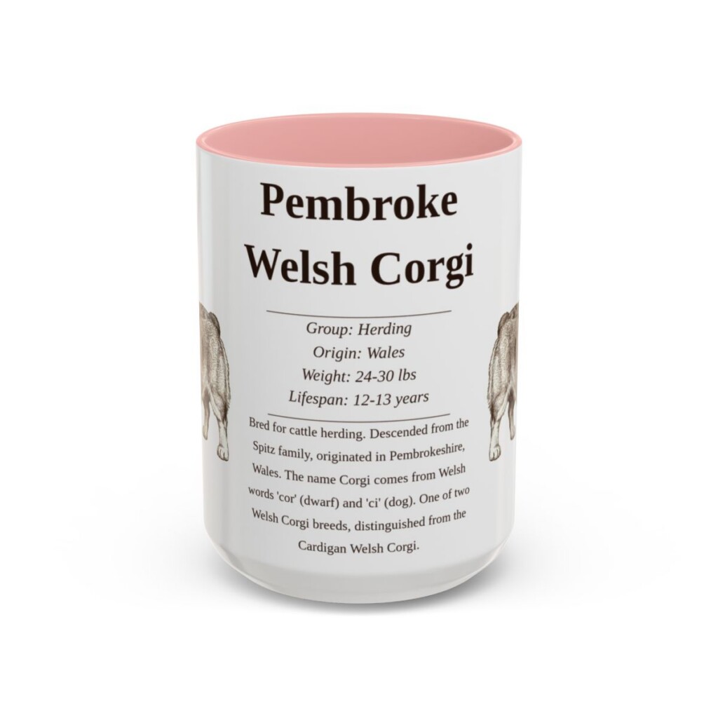 15oz Pembroke Welsh Corgi Mug, Pink, front view