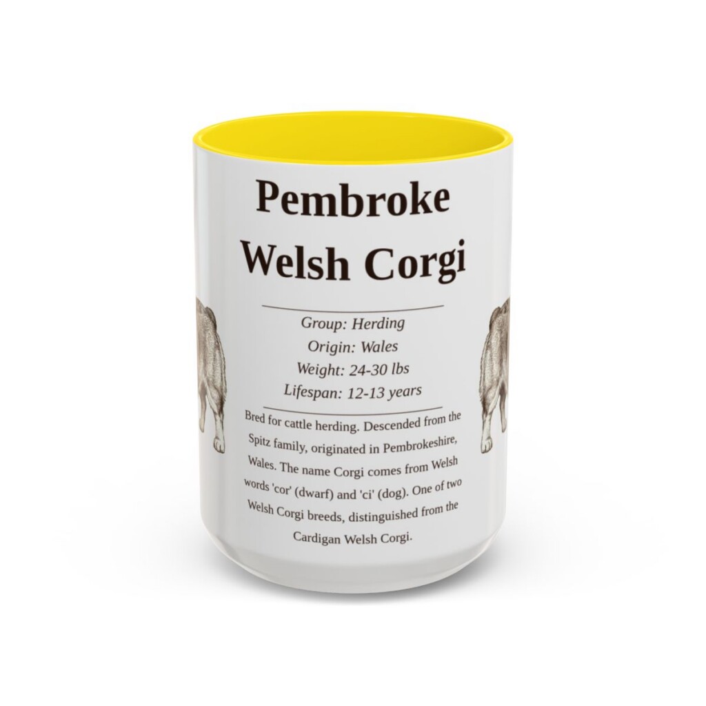 15oz Pembroke Welsh Corgi Mug, Yellow, front view