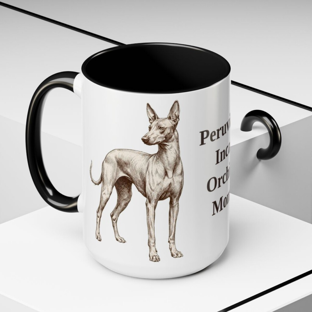 15oz Peruvian Inca Orchid Dog Mom Mug, Black, lifestyle photo