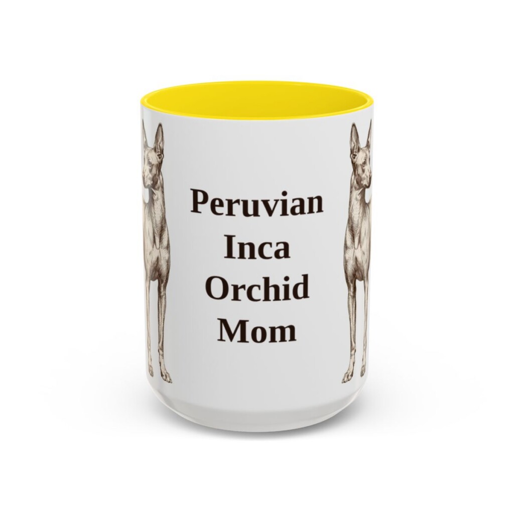 15oz Peruvian Inca Orchid Dog Mom Mug, Yellow, front view