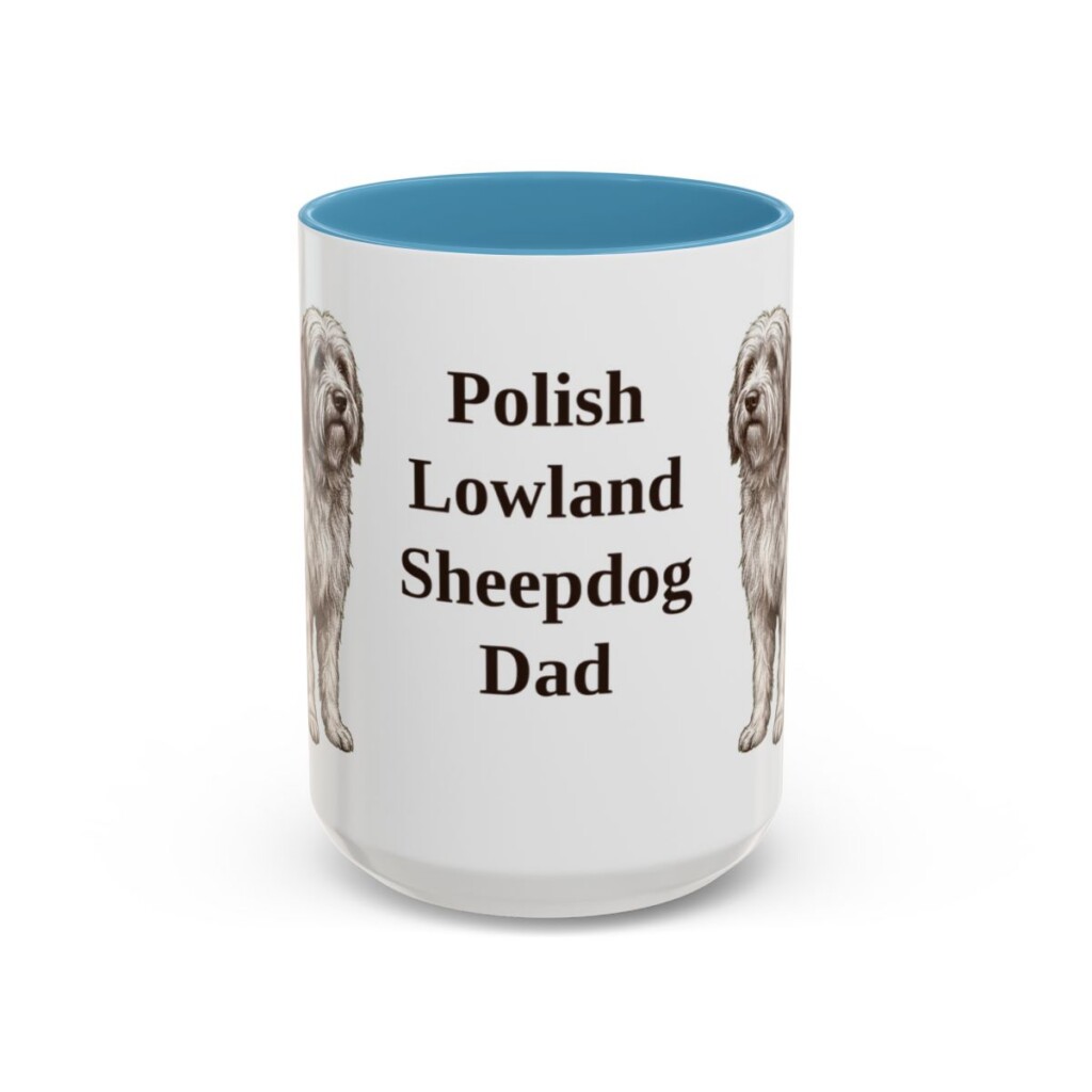 15oz Polish Lowland Sheepdog Dog Dad Mug, Light Blue, front view