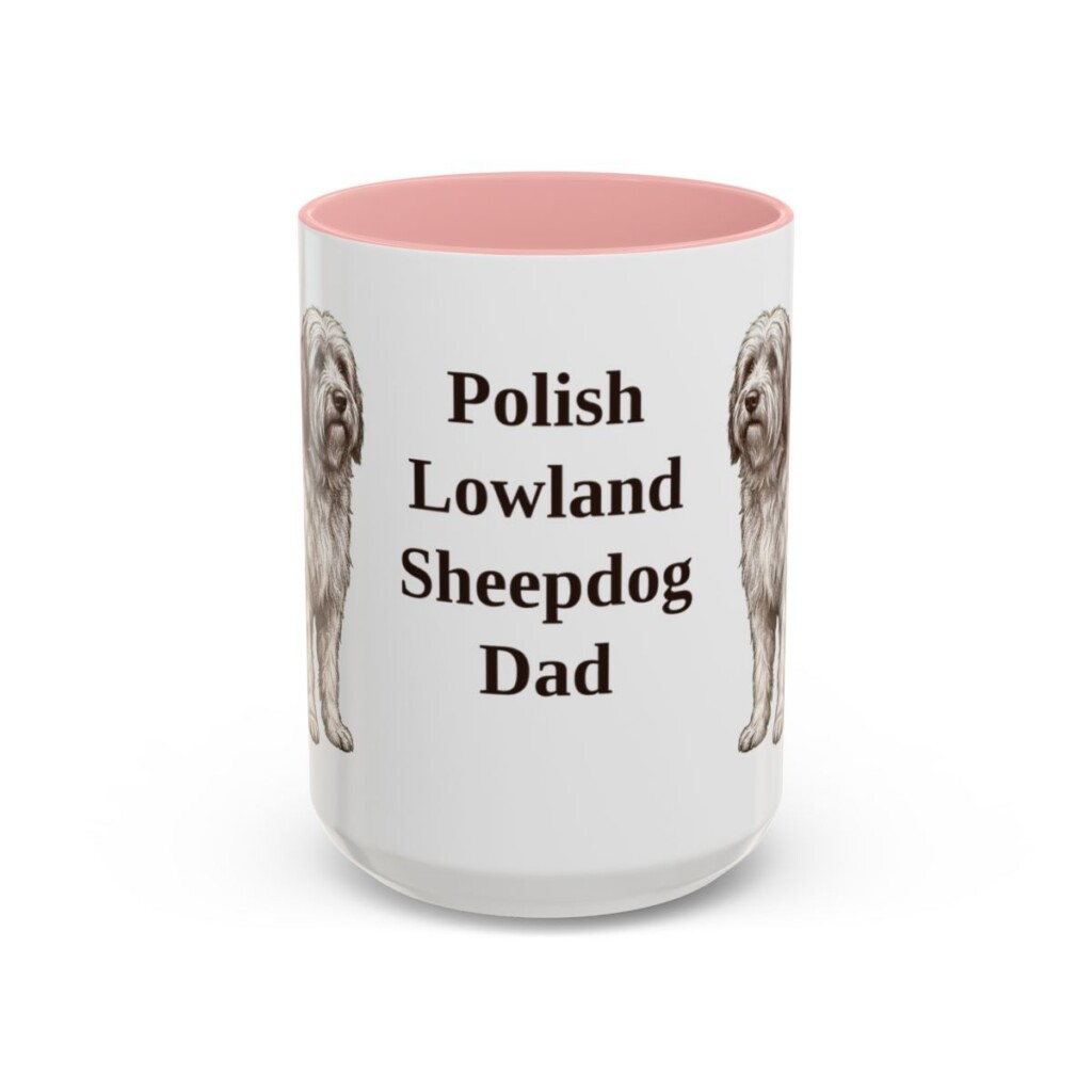 15oz Polish Lowland Sheepdog Dog Dad Mug, Pink, front view