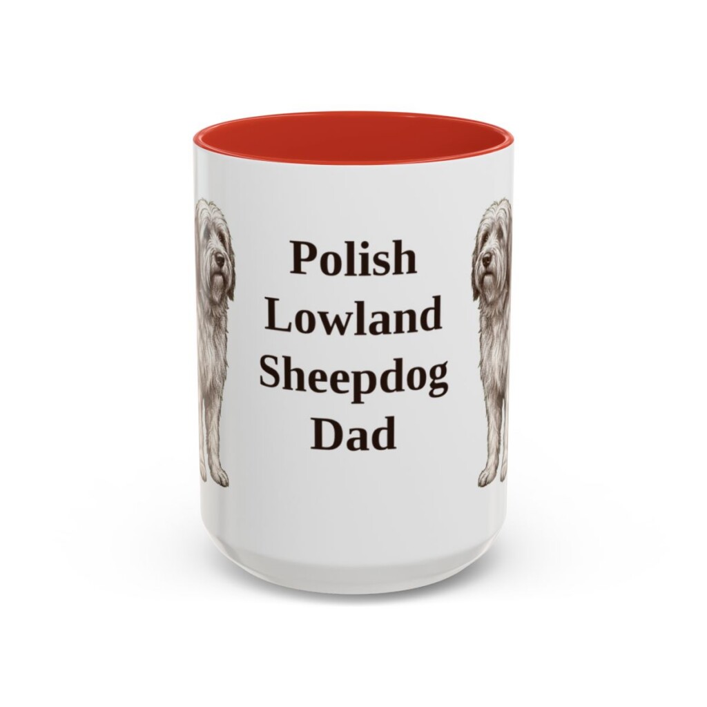 15oz Polish Lowland Sheepdog Dog Dad Mug, Red, front view
