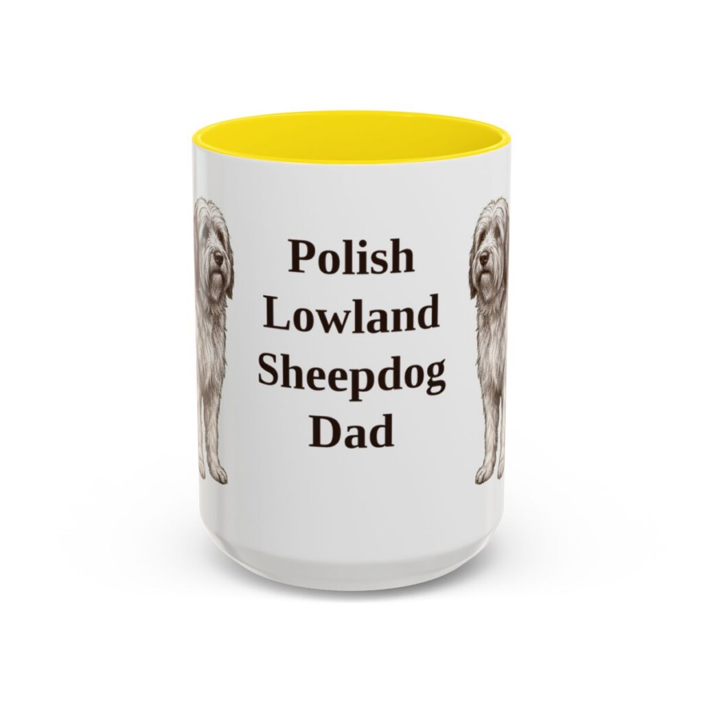 15oz Polish Lowland Sheepdog Dog Dad Mug, Yellow, front view
