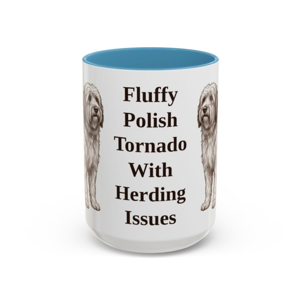 15oz Funny Polish Lowland Sheepdog Mug, Light Blue, front view