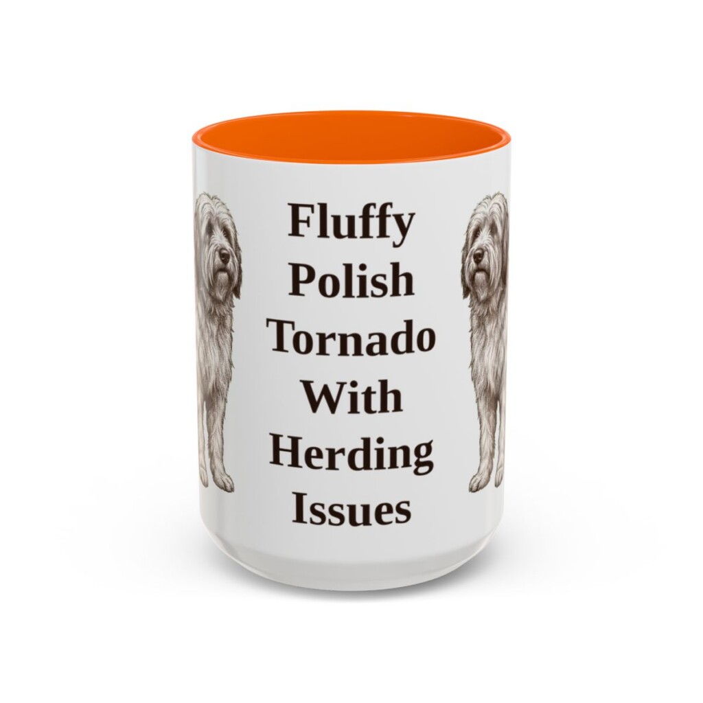 15oz Funny Polish Lowland Sheepdog Mug, Orange, front view