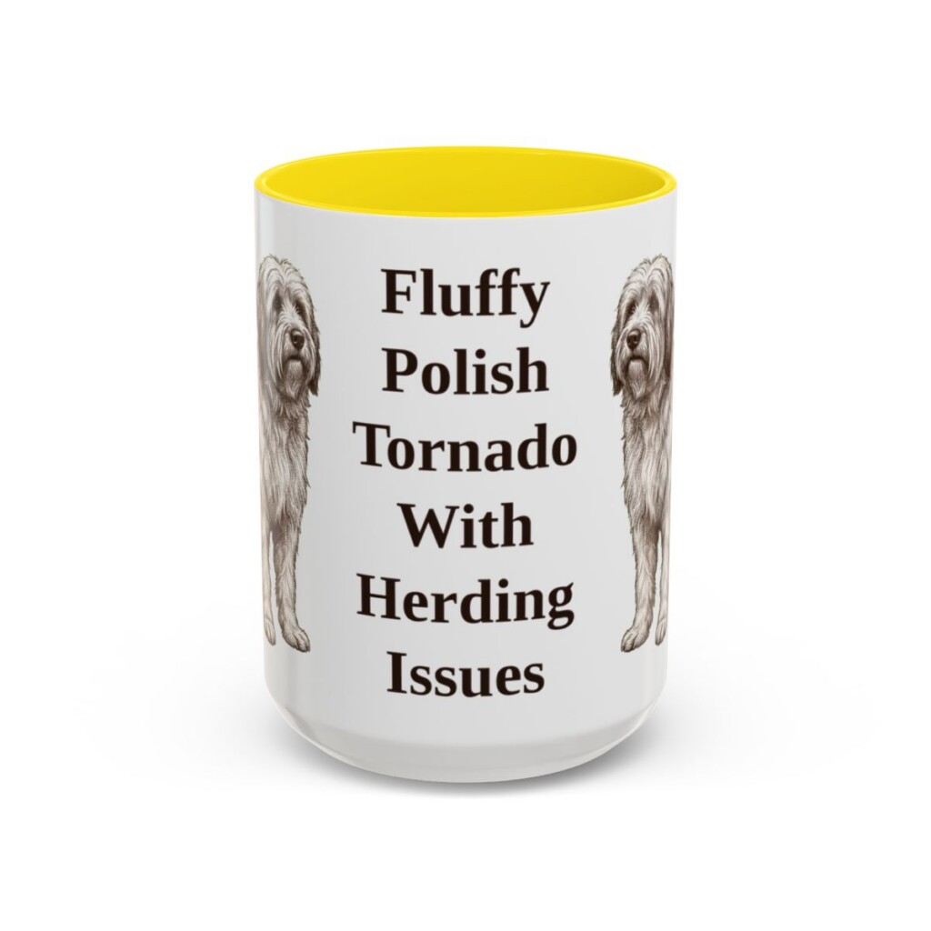 15oz Funny Polish Lowland Sheepdog Mug, Yellow, front view