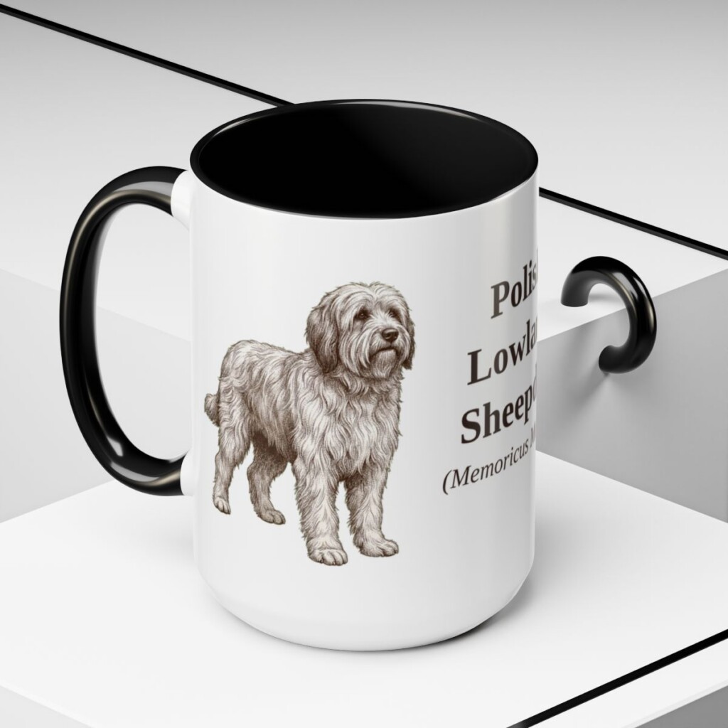 15oz Polish Lowland Sheepdog Latin Mug, Black, lifestyle photo