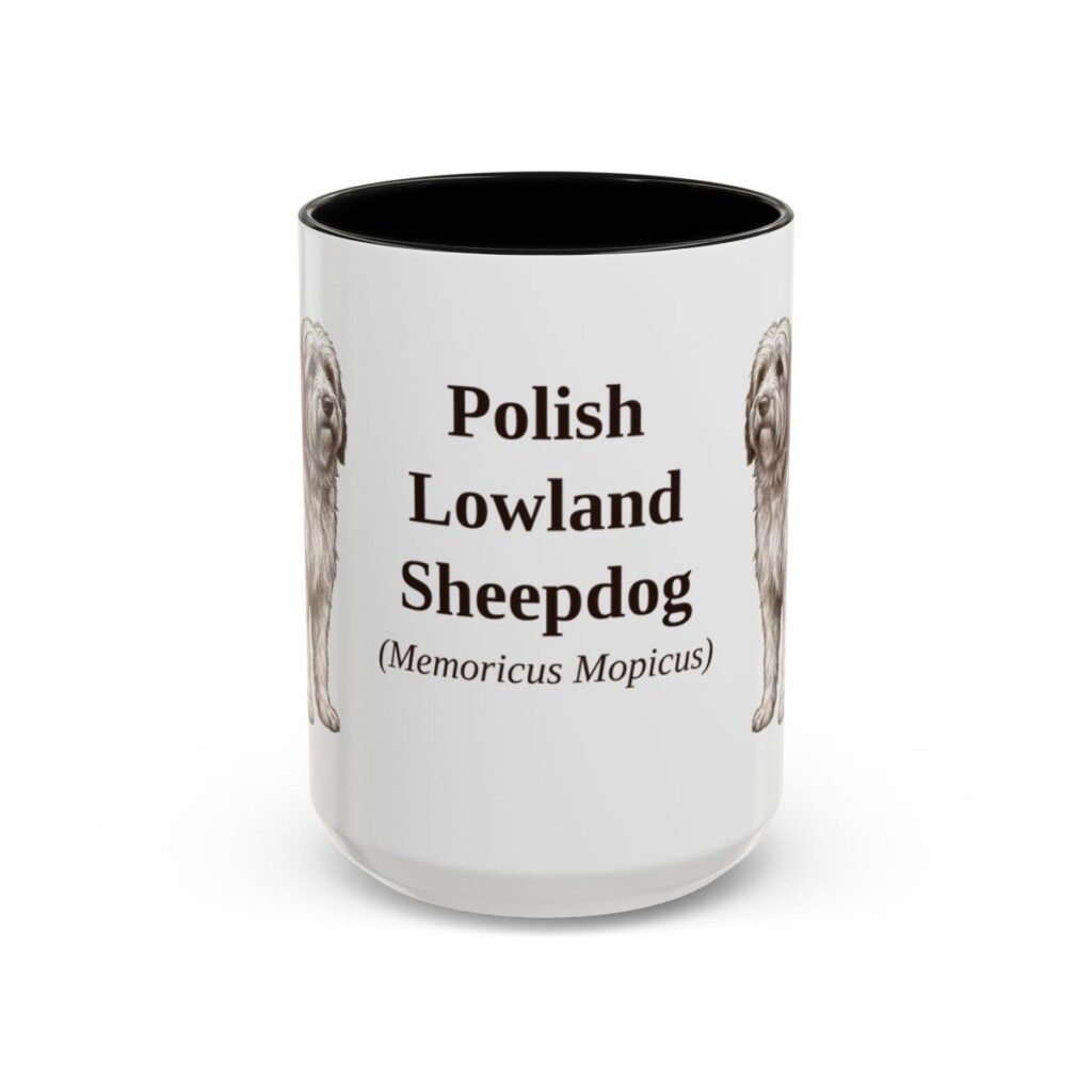 15oz Polish Lowland Sheepdog Latin Mug, Black, front view