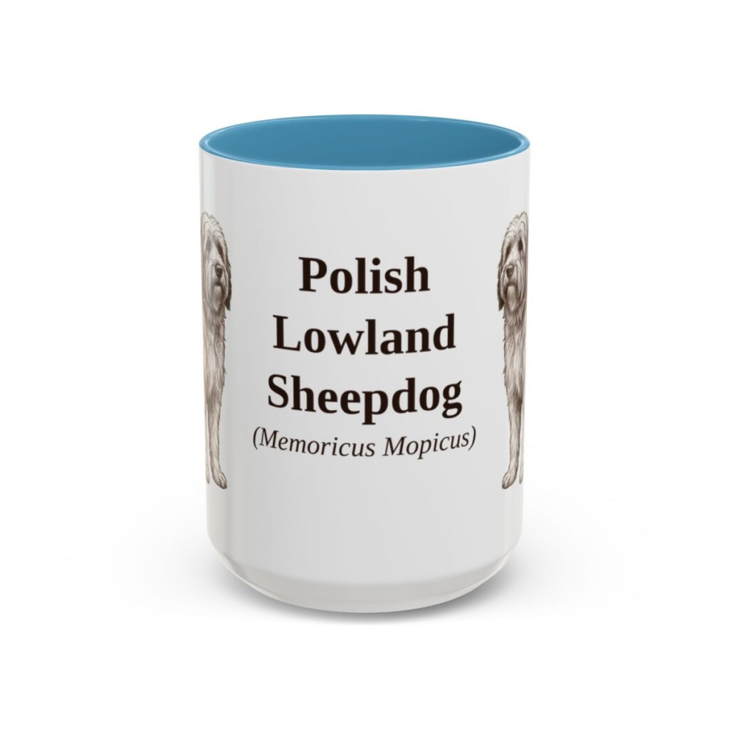15oz Polish Lowland Sheepdog Latin Mug, Light Blue, front view