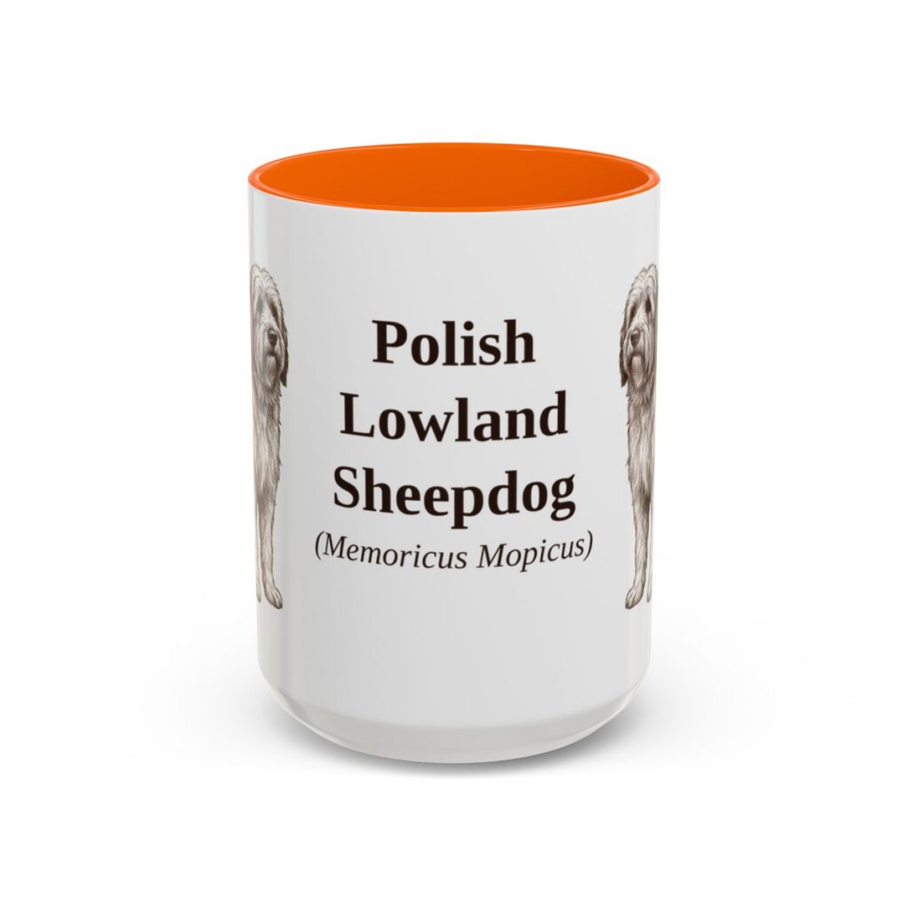 15oz Polish Lowland Sheepdog Latin Mug, Orange, front view